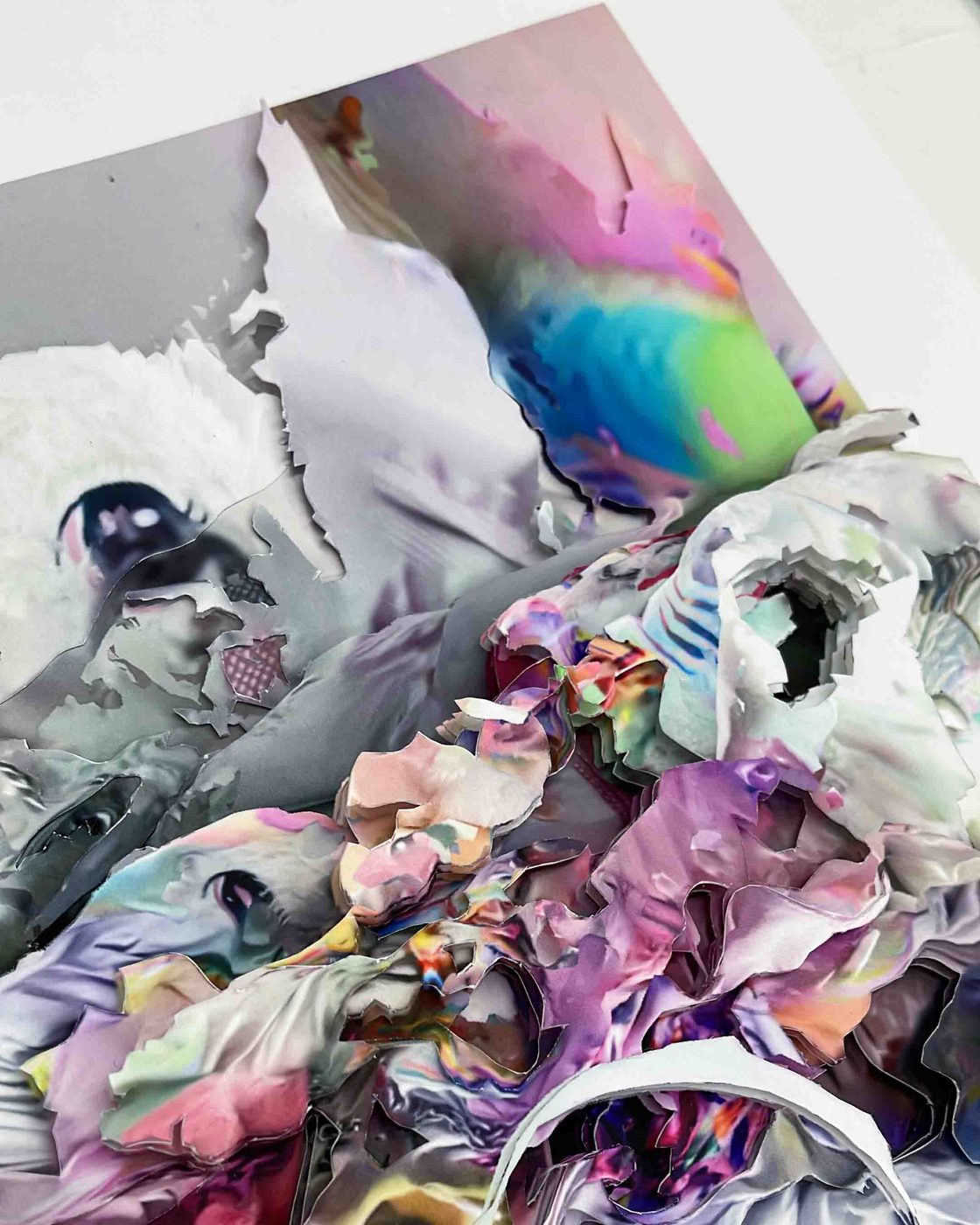Unseen Worlds – detail of a paper collage with soft white and rainbow gradients